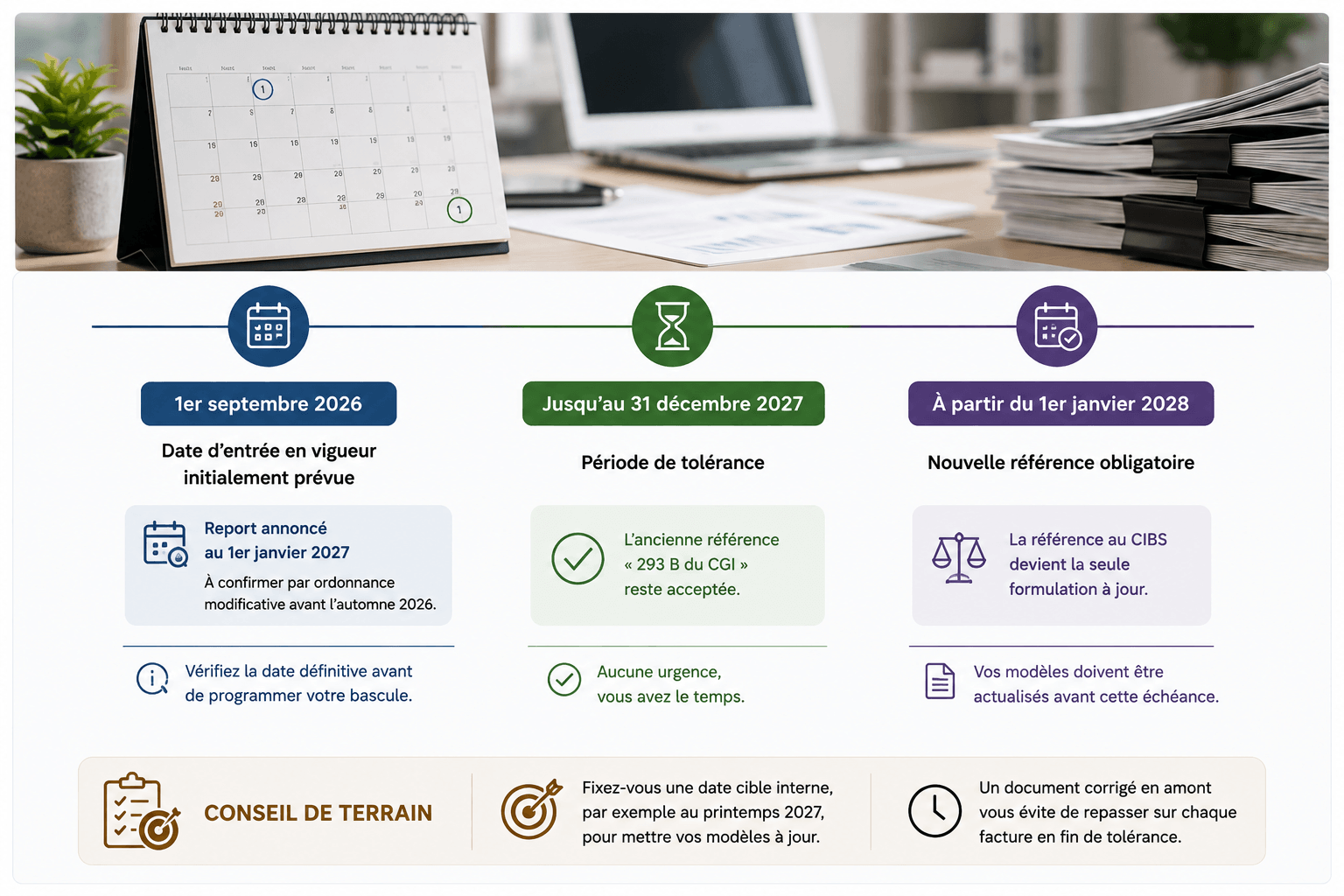 Le calendrier : entrée en vigueur, report annoncé et période de tolérance