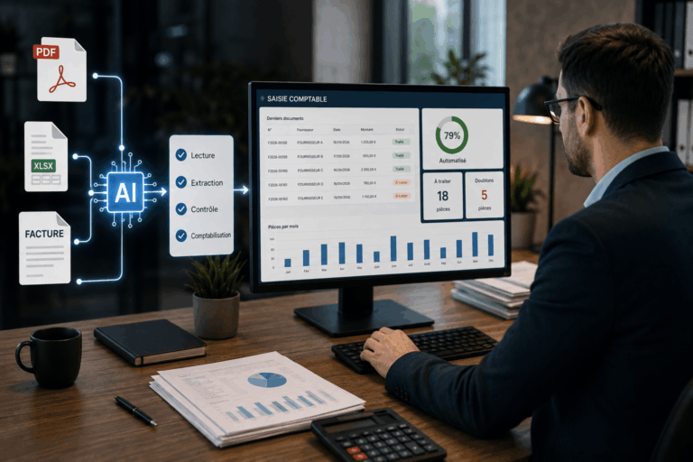 Collaborateur de cabinet d'expertise comptable devant un tableau de bord d'automatisation de la saisie comptable alimenté par OCR et intelligence artificielle