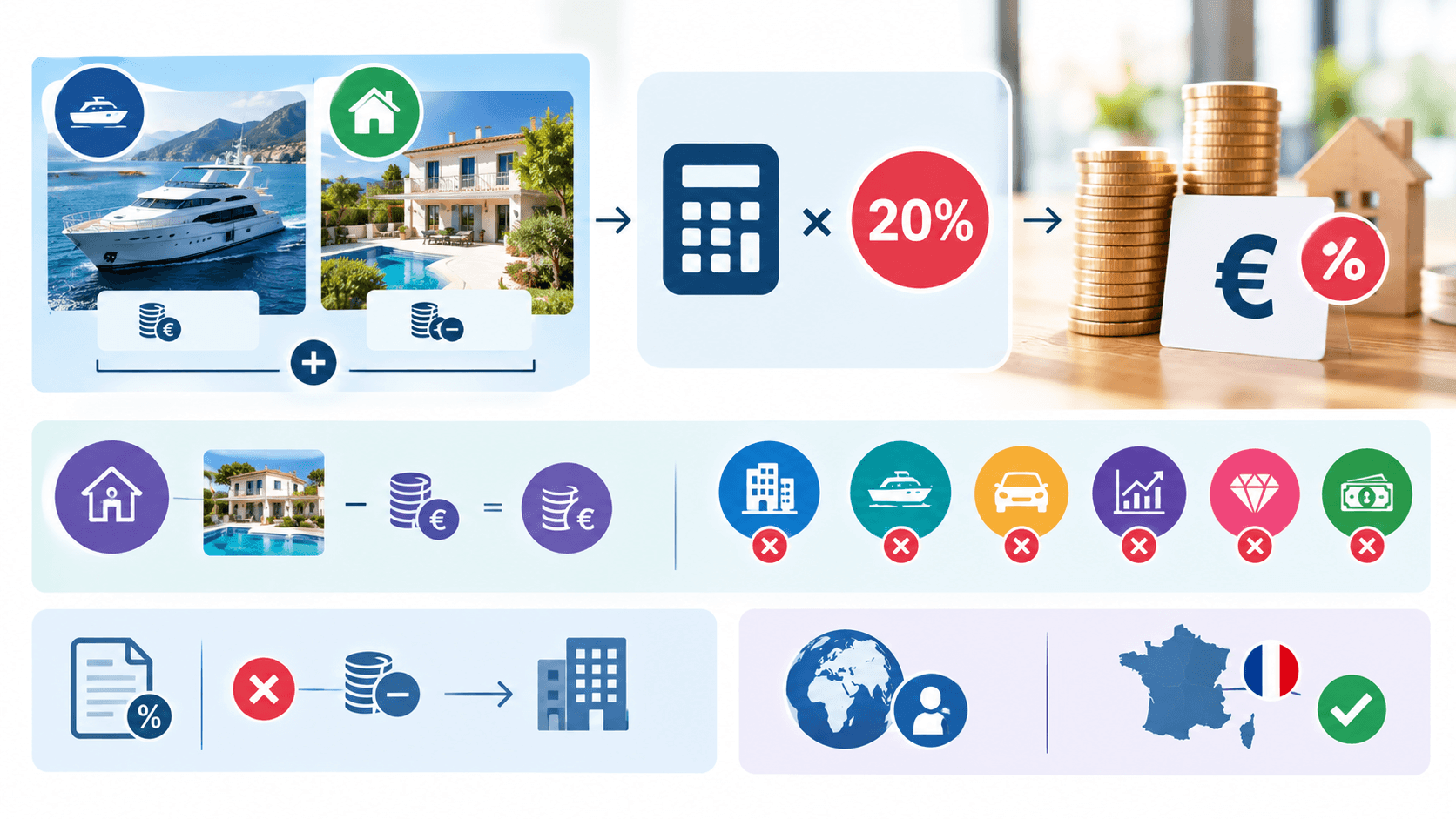 Calcul de la taxe holding : taux de 20 % appliqué à la valeur vénale d'un yacht et d'un logement, déduction des dettes d'acquisition réservée aux logements