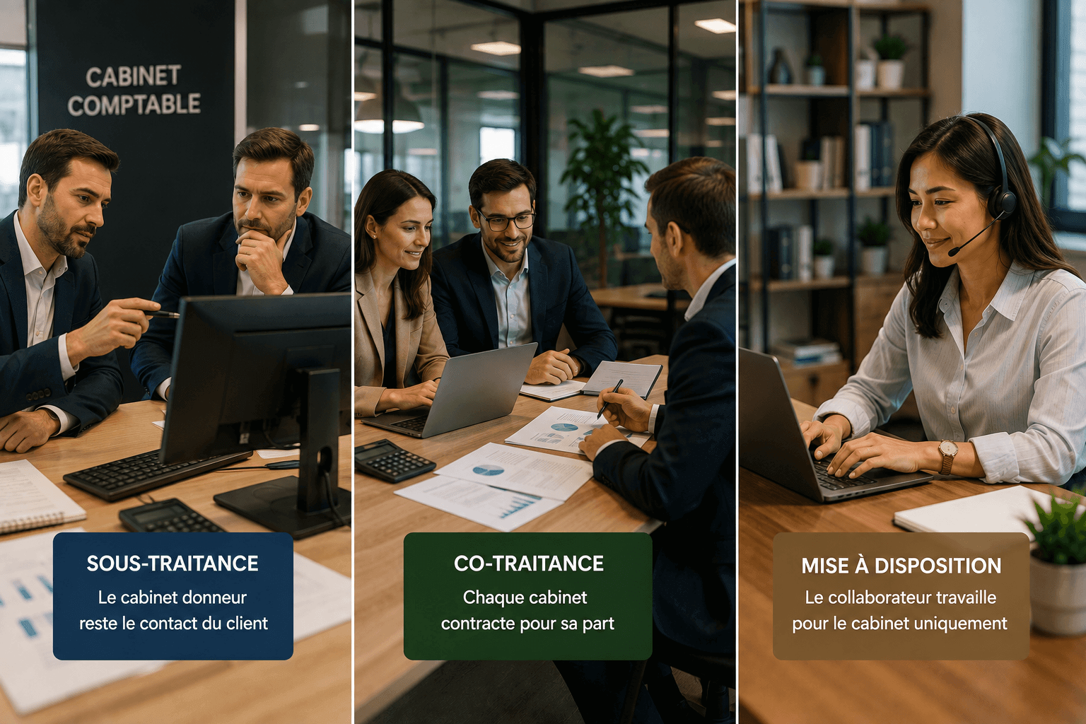 Trois régimes juridiques distincts en cabinet d'expertise comptable : sous-traitance, co-traitance et mise à disposition d'un collaborateur