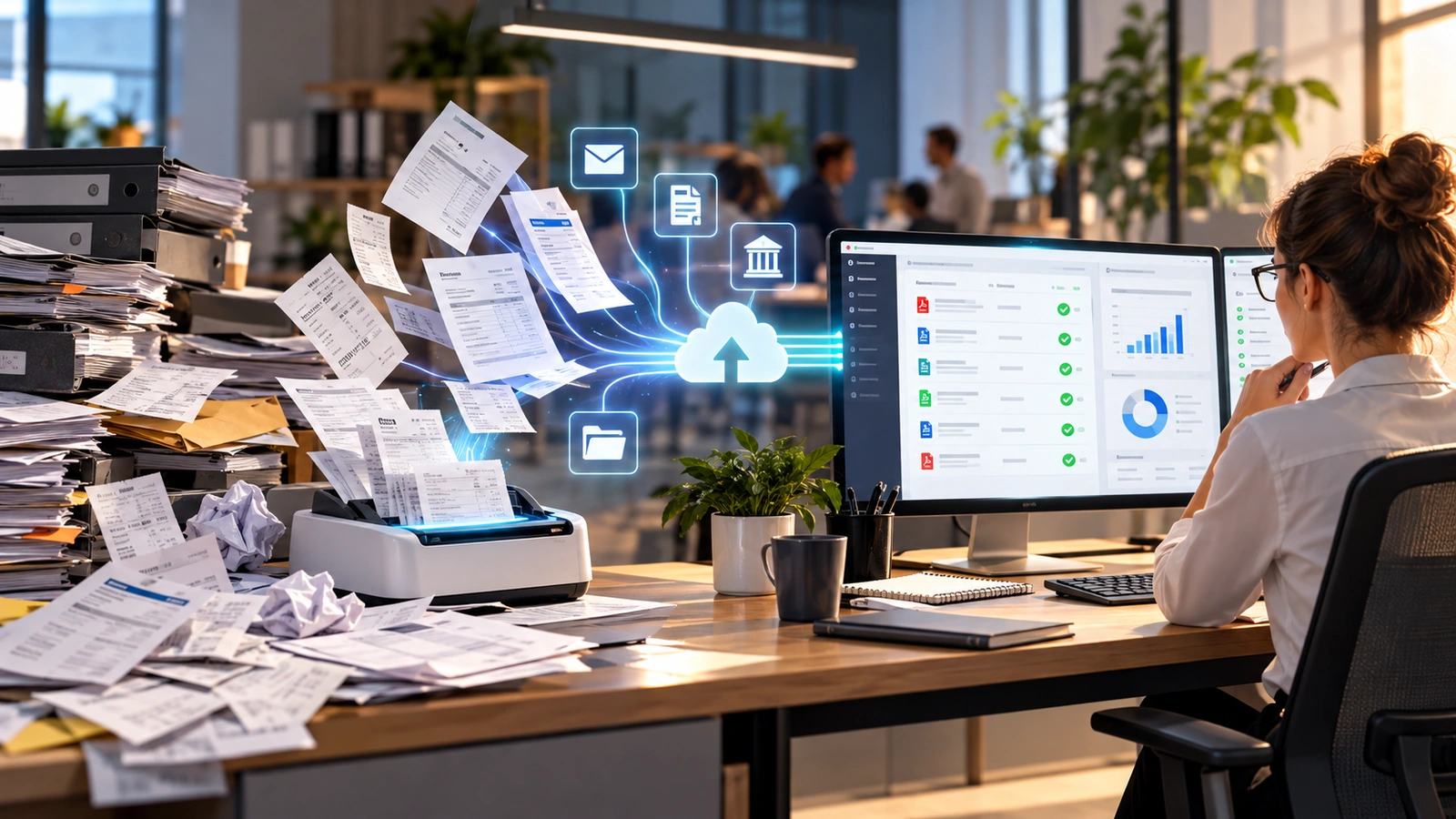 Factures et relevés papier numérisés puis centralisés dans un logiciel de production comptable, contrôlés à l’écran par une collaboratrice comptable