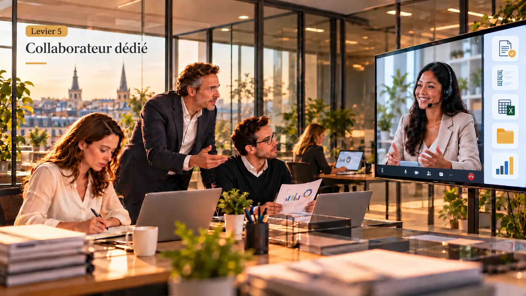 Équipe d’un cabinet d’expertise comptable en réunion avec sa collaboratrice comptable externalisée dédiée, connectée en visioconférence et intégrée à ses outils