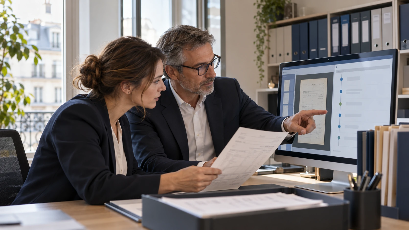 Dématérialisation comptable : deux collaborateurs d’un cabinet comparent une facture papier et sa copie numérisée à l’écran