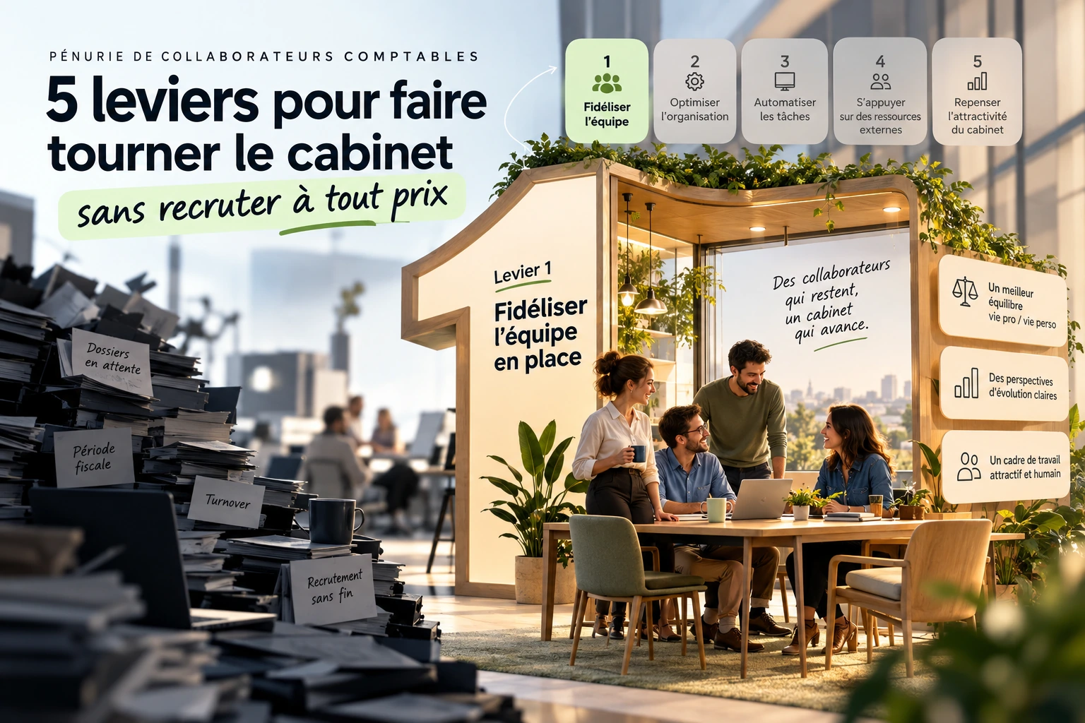 Infographie « 5 leviers pour faire tourner le cabinet sans recruter à tout prix » : levier 1, fidéliser l’équipe en place par l’équilibre vie professionnelle et vie personnelle, des perspectives d’évolution claires et un cadre de travail attractif