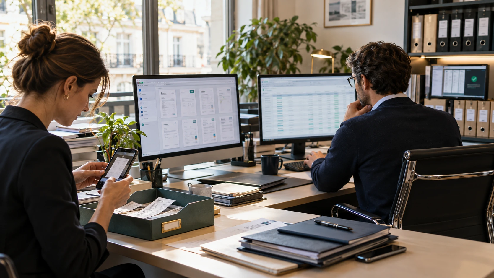 Logiciel de dématérialisation comptable : une collaboratrice numérise des tickets avec son téléphone pendant qu’un collègue contrôle les écritures à l’écran