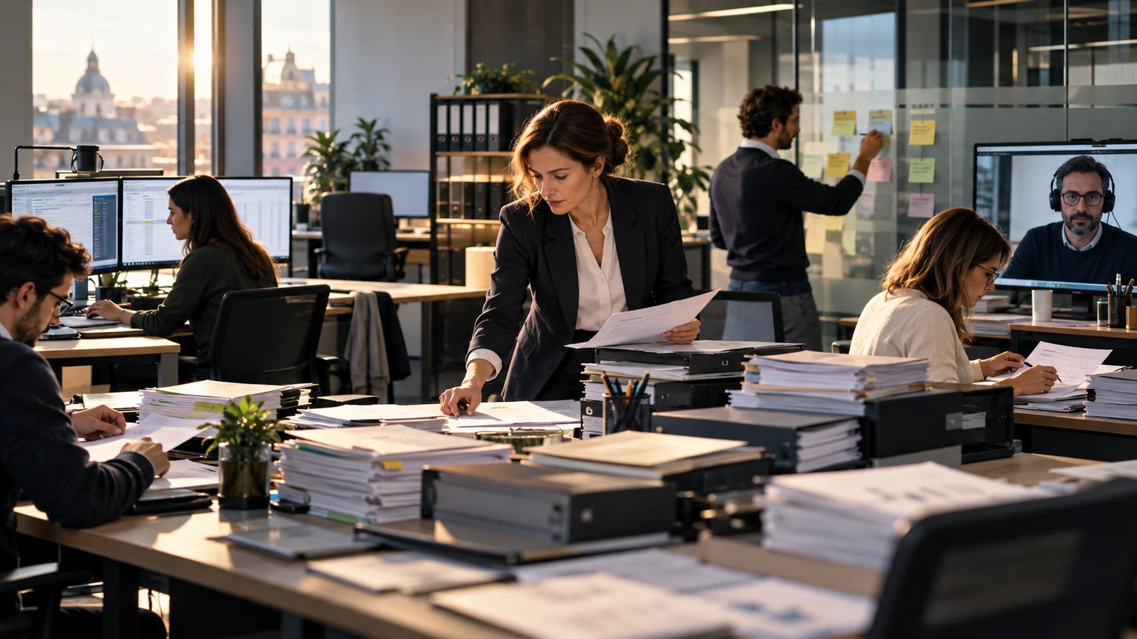 Équipe d’un cabinet d’expertise comptable en période fiscale, bureaux couverts de dossiers et de classeurs en attente de traitement