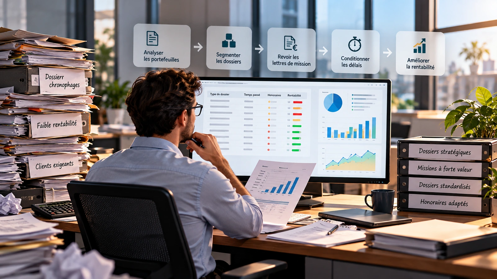 Expert-comptable analysant à l’écran le temps passé, les honoraires et la rentabilité par type de dossier, avec les étapes : analyser les portefeuilles, segmenter les dossiers, revoir les lettres de mission, conditionner les délais, améliorer la rentabilité
